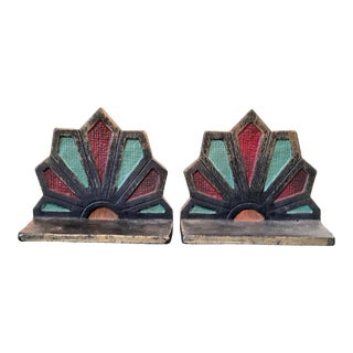 Art Deco Bookends Painted Cast Iron Sun Rays For Sale