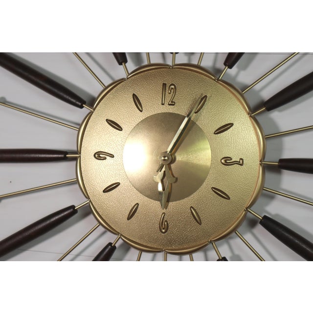 1960s Vintage Robert Shaw Lux Starburst Wall Clock Walnut Wood Gold Mid Century Modern Atomic Retro 60's 70's For Sale - Image 5 of 6