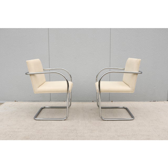 Ludwig Mies Van Der Rohe Brno Tubular Chairs in Cream Fabric by Gordon - A Pair For Sale - Image 12 of 18