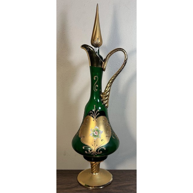 Vintage Venetian Tre Fuochi Gilded Emerald Green Glass Decanter and 5 Goblets For Sale - Image 4 of 10