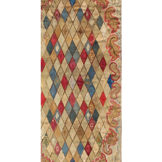 Colorful 19th Century Antique American Hooked Rug with Diamond Design. Measures: 4'1 x 8'8. American hooked rugs are...