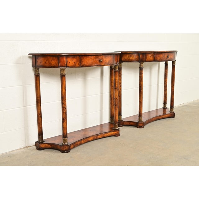 Baker Furniture Company Maitland Smith Style French Empire Burl Wood and Gold Gilt Demilune Console Tables, Pair For Sale - Image 4 of 12
