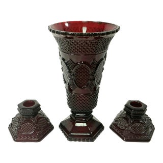 1970s Vintage Art Deco Depression Diamond Point Glass Centerpiece Candle Holders and Vase - Set of 3 For Sale
