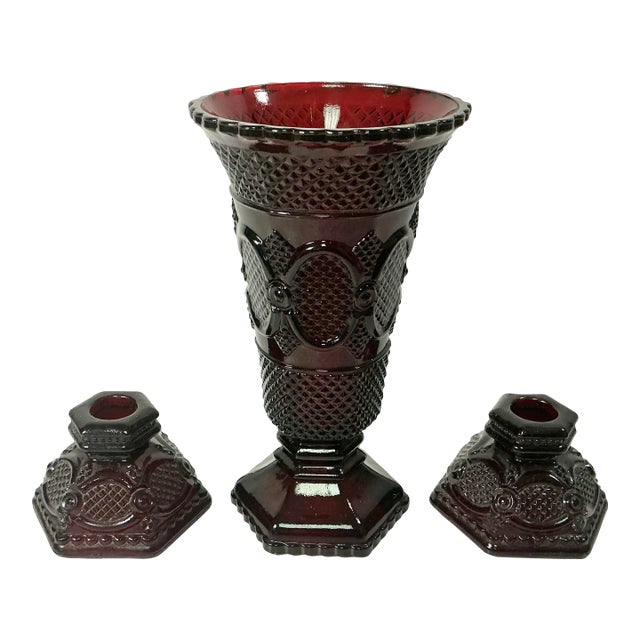 1970s Vintage Art Deco Depression Diamond Point Glass Centerpiece Candle Holders and Vase - Set of 3 For Sale