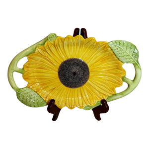 Vintage Hand Painted Faience Two-Handled Sunflower Platter by Seymour Mann