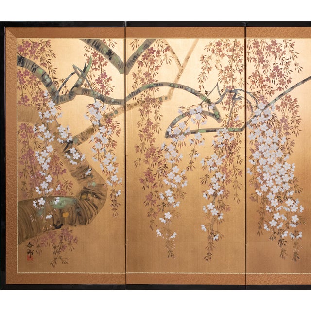 Japanese 1980s Shōwa Era Japanese Byobu Screen "Blossoming Cherry Tree" For Sale - Image 3 of 15