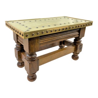 Vintage Sarreid Brass Riveted & Carved Wood Footstool For Sale