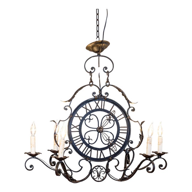 Mid 20th Century French Wrought Iron Six-Light Clock Face Chandelier with Scrolling Arms For Sale