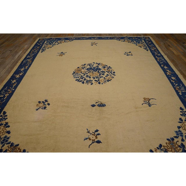 1920s 1920s Beige Medallion Floral Antique Chinese Peking Carpet 8'' X 9'5'' Wool Rug For Sale - Image 5 of 11