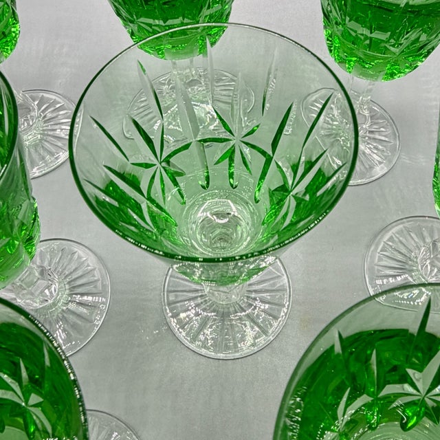 Vintage Emerald Green Cut Crystal Wine Glasses from Cristalería San Carlos, Argentina, 1950s, Set of 8 For Sale - Image 13 of 18