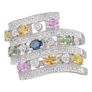 Mid 20th Century 2.38ctw Sapphire Diamond Layered Cocktail Ring 14k White Gold Size 9 Benham For Sale