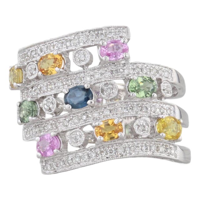 Mid 20th Century 2.38ctw Sapphire Diamond Layered Cocktail Ring 14k White Gold Size 9 Benham For Sale