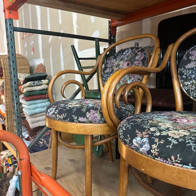 Wood 1970s Collection of Floral Cushioned Bentwood Looped Arms Dining Chairs- Set of 4 For Sale - Image 7 of 11