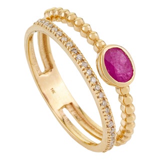 Ruby & Diamond Beaded Double Band Stacking Ring Size 6 Set in 14k Yellow Gold For Sale