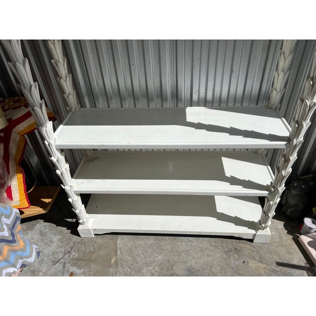 1950s 1950s Palm Tree Columned Shelving Wooden Display Carved White Etagere Bookcase For Sale - Image 5 of 10