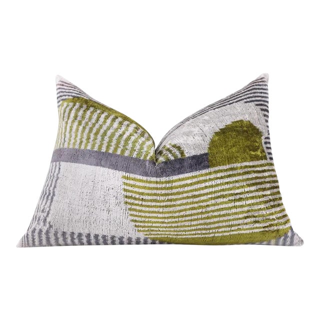 Luxury Silk Velvet Pillow 16x24 – Handmade Green & Gray Geometric Lumbar Cushion For Sale