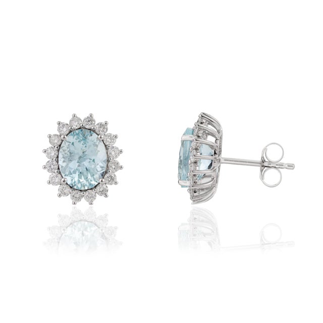 VRJewels 3.72ct Oval Aquamarine Diamond Halo Stud Earrings in 14k Gold- 2 Pieces For Sale - Image 4 of 15