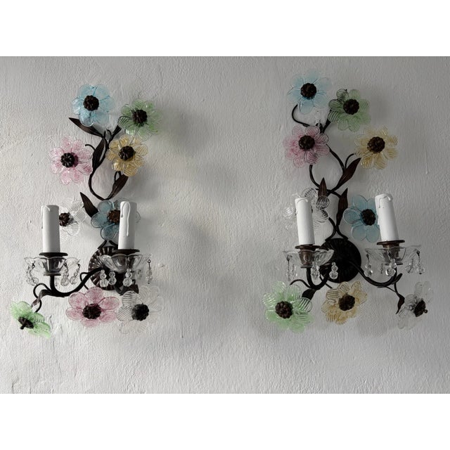 Italian Italian Long Pastel Murano Glass Flowers Dark Bronze Sconces, Circa 1930 For Sale - Image 3 of 13