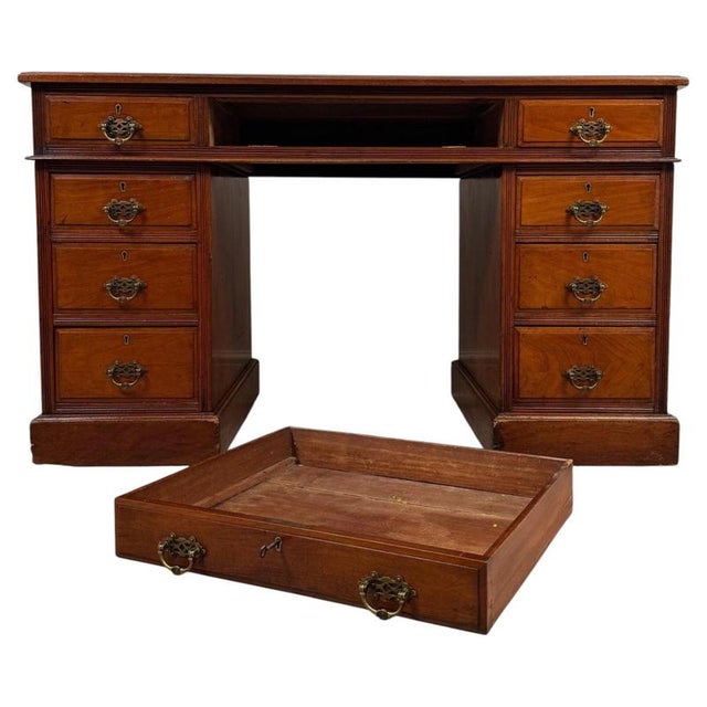 Antique English Walnut Pedestal Desk with Blue Leather Top For Sale - Image 3 of 12