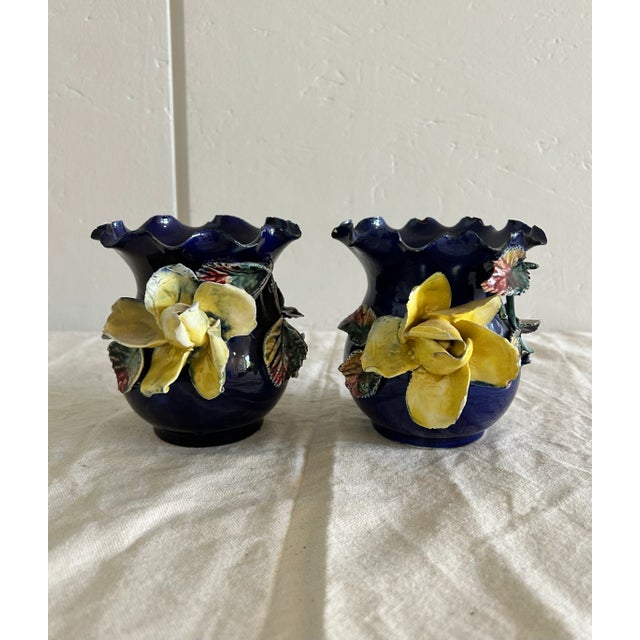 Pair of Small Antique French Barbotine Majolica Vase Applied Rose Vases; In wonderful condition. Normal wear and tear with...