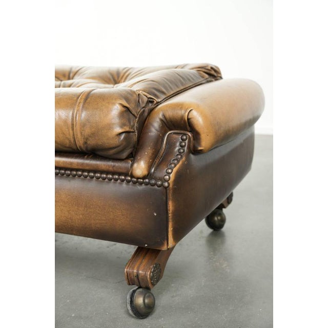 English Chesterfield Ottoman in Cowhide Leather on Wheels For Sale - Image 10 of 13