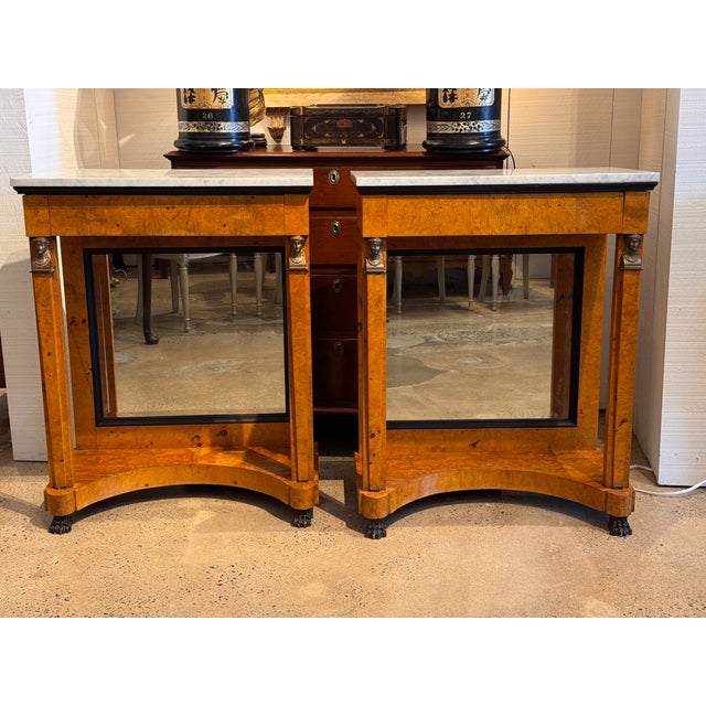 Traditional 19th Century Pair Empire Consoles With Burlwood and Marble Tops For Sale - Image 3 of 16