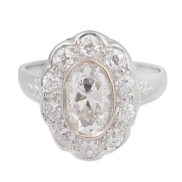 Art Deco 1930s Art Deco Gia 1.02 Carat Oval Cut Diamond Cluster Platinum Engagement Ring, Size 4 For Sale - Image 3 of 8