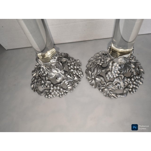 Tuscan 1990s Pair Pewter and Glass Tall Candlesticks by Etain Zinn For Sale - Image 3 of 4