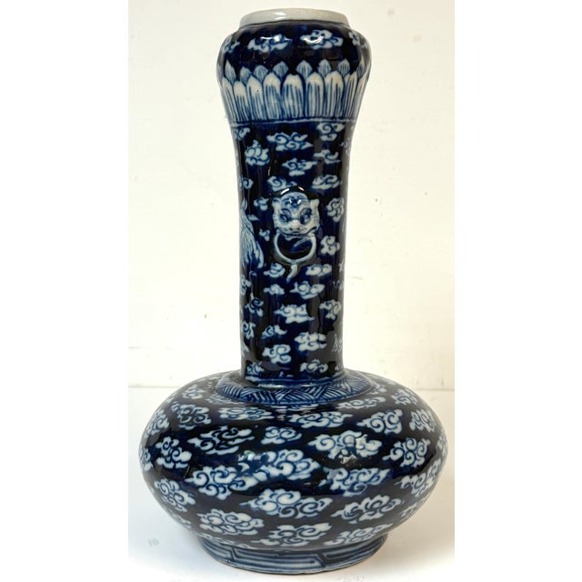 Pair of Late Qing Blue & White Porcelain Garlic-Neck Vases, Lion Mask Handles For Sale - Image 12 of 14