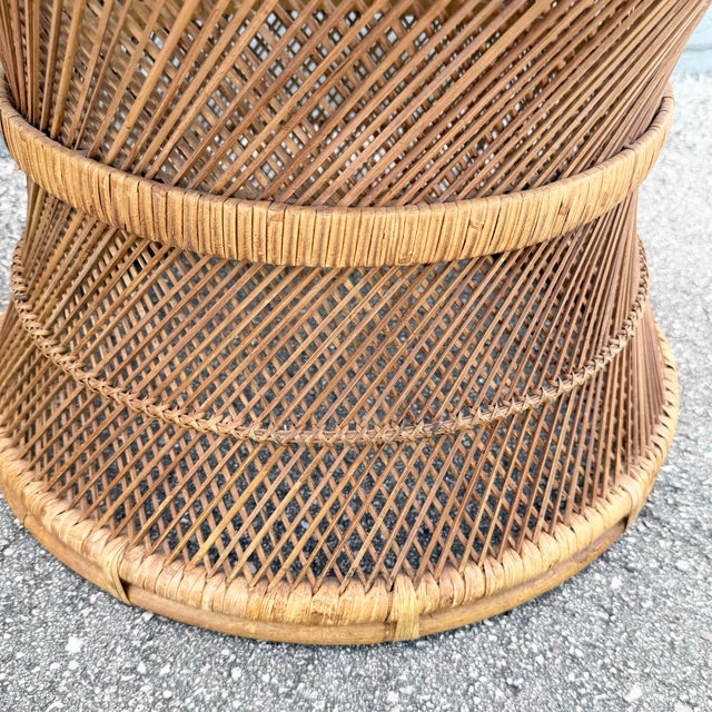 Mid 20th Century Boho Chic Buri Rattan Circular Inlaid Glass Top Side Tables - A Pair For Sale - Image 5 of 8