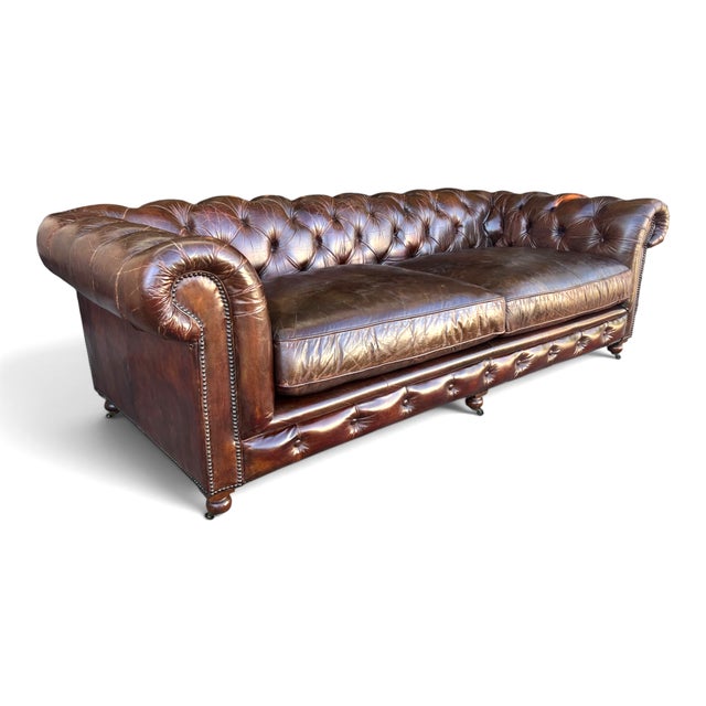 Restoration Hardware Restoration Hardware Chesterfield Cognac Leather Sofa With Brass Nailhead & Casters For Sale - Image 4 of 18
