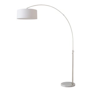 1960s Morelli Float Floor Lamp - 92" Mid Century Modern Arc Lamp, Satin Nickel Finish, White Linen Shade, White Marble Base For Sale