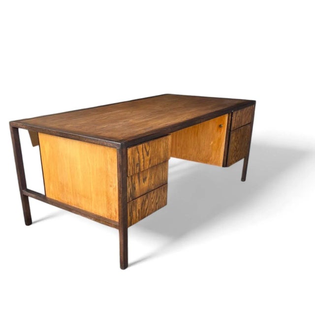 This sophisticated 1980s modern executive desk showcases clean architectural lines and the warm natural beauty of white...