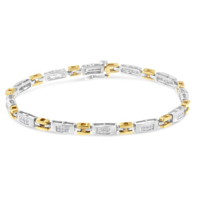 This unique geometric bracelet brings together open yellow gold links with diamond-embellished rectangular bands on a...