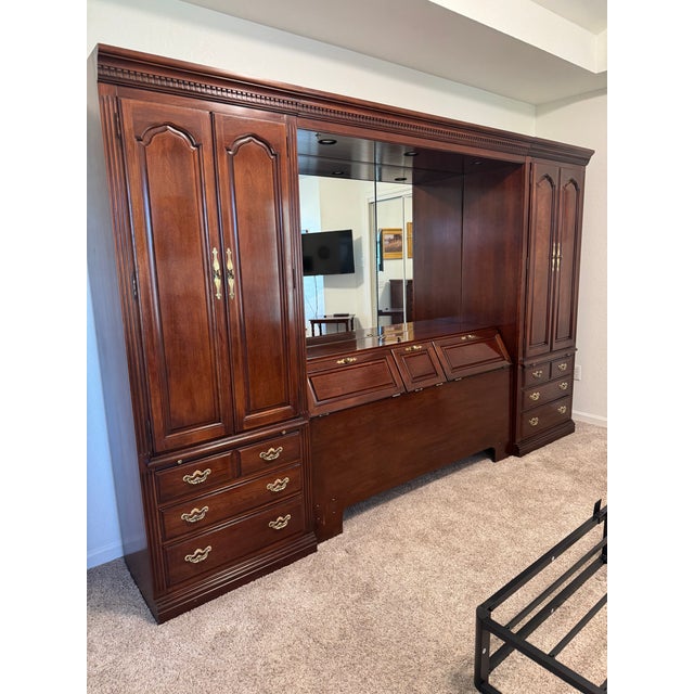 Vintage Thomasville Illuminated Cherry Queen Bed Unit- Headboard, Bridge, Nightstand Armoires, & Mirror For Sale - Image 16 of 18