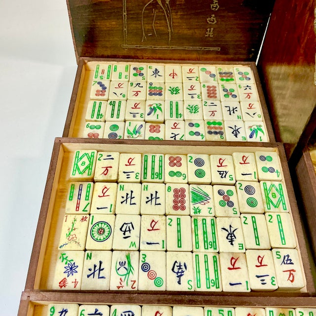 Late 19th Century Late 19th C. Antique Chinese Boho Chic Chinoiserie Mahjong Game Set, Walnut & Brass Box For Sale - Image 5 of 18