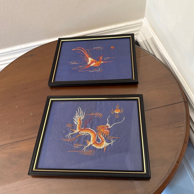Mid 20th Century Asian Silk Dragon & Phoenix Embroidery ~ a Pair For Sale - Image 10 of 11