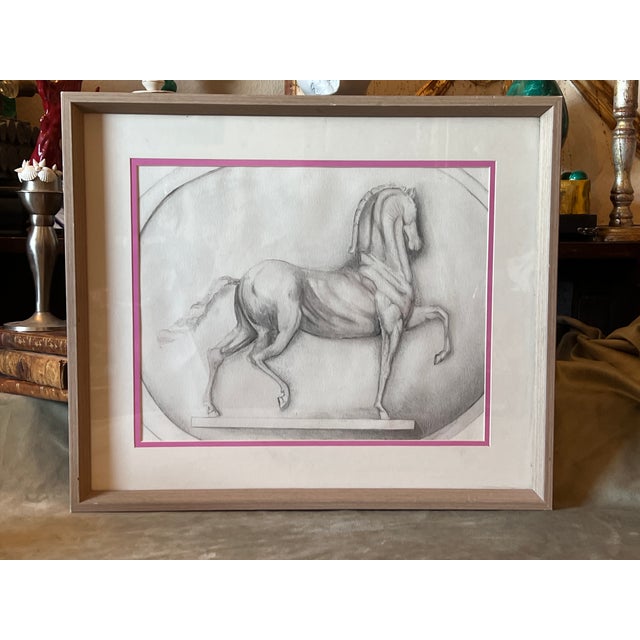 Framed Vintage drawing of a horse, after an antique sketch depicting Leonardo da Vinci's horse sculpture, often referred...