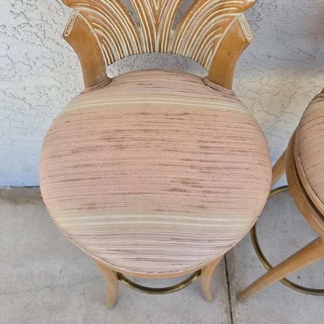 Wood Vintage Venetian Grotto Style Carved Wood Palm Leaf Barstools Set of 2 For Sale - Image 7 of 15