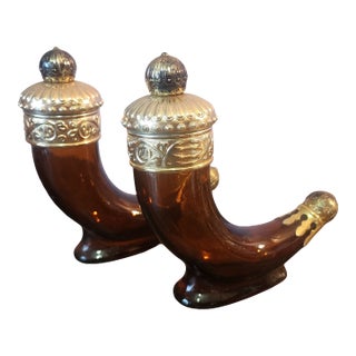 Pair Vintage Avon Viking Horn Brown Glass After Shave Lotion Bottles, C1960s For Sale