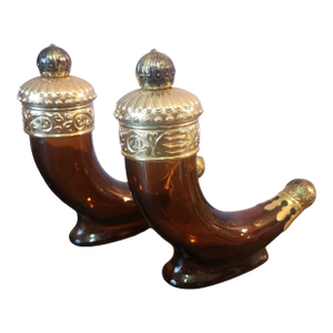 Pair Vintage Avon Viking Horn Brown Glass After Shave Lotion Bottles, C1960s