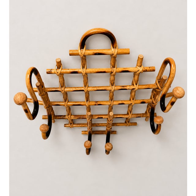 French Country Vintage Burnt Bamboo French Style Wall Coat Rack With 4 Hooks For Sale - Image 3 of 6