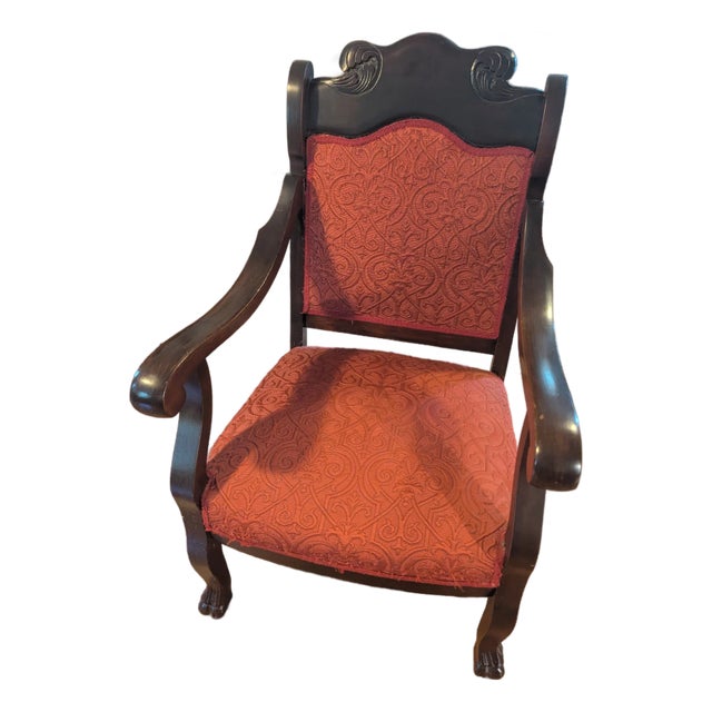 Vintage Wooden Armchair With Red Upholstery – Carved Details and Claw Feet, Vintage Accent Chair For Sale