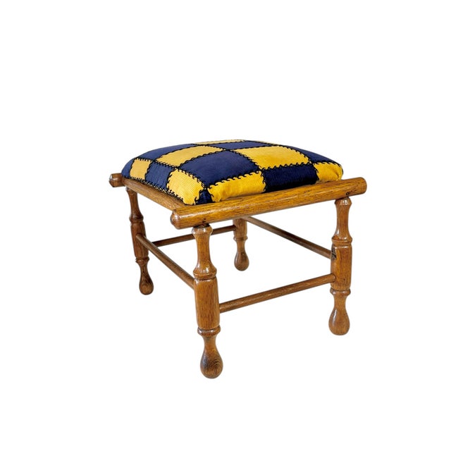 Ralph Lauren Antique French Provincial Walnut Footstool With Hand-Turned Legs & Blue/Yellow Patchwork Cushion For Sale - Image 4 of 10