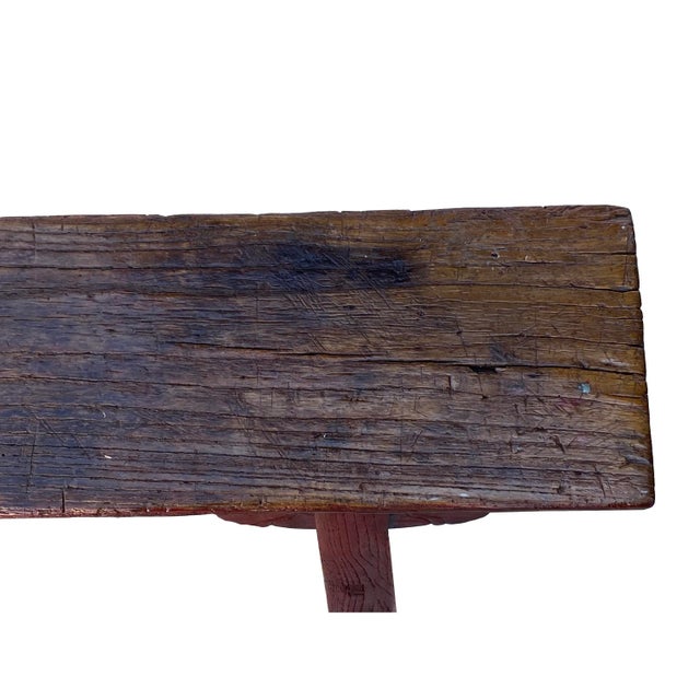 Brick Red Vintage Brick Red Rural Village Rustic Slim Wood Seating Bench For Sale - Image 8 of 9