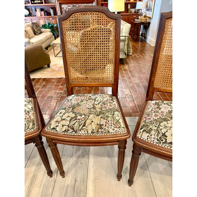 French 1970s French Louis XVI Walnut Cane Back Dining Chairs Set of 6 For Sale - Image 3 of 12