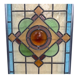Antique Leaded Stained Glass Window With Amber Eye For Sale