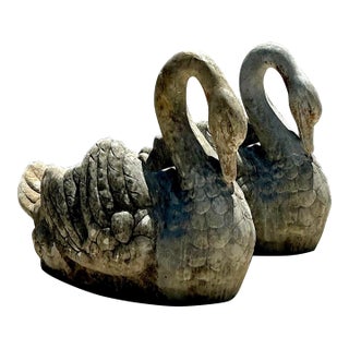Vintage Regency Monumental Cast Stone Swan Planters - A Pair For Sale