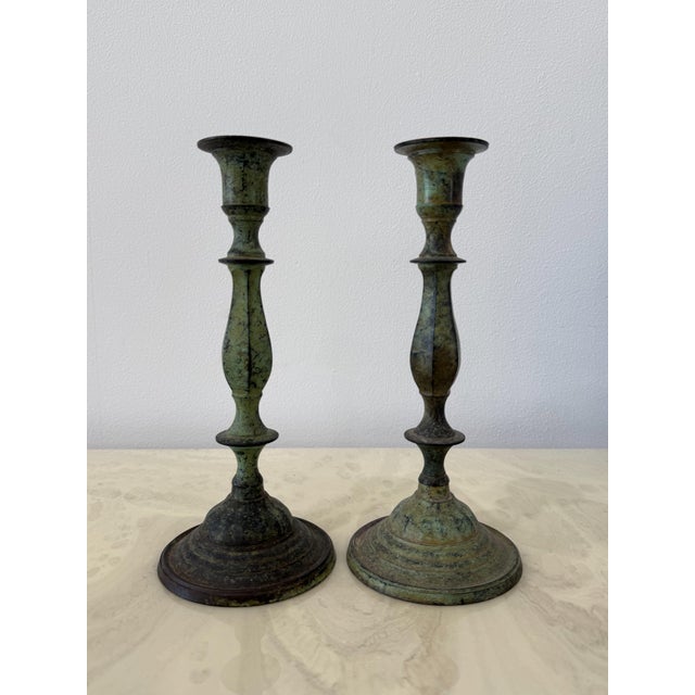 Pair of Vintage Patinated Brass Candlesticks For Sale - Image 4 of 4