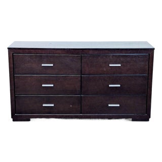 Modern 6-Drawer Dark Wood Dresser With Silver Handles For Sale
